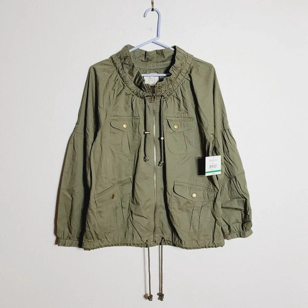 Relativity Womens Olive Green Drawstring Jacket Pockets roll tab sleeves Large - Picture 5 of 7
